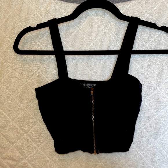 Topshop Black Zip-up Cotton Crop Top - Picture 3 of 8